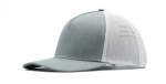 A light gray and white trucker-style baseball cap shown from a three-quarter angle on a plain white background.
